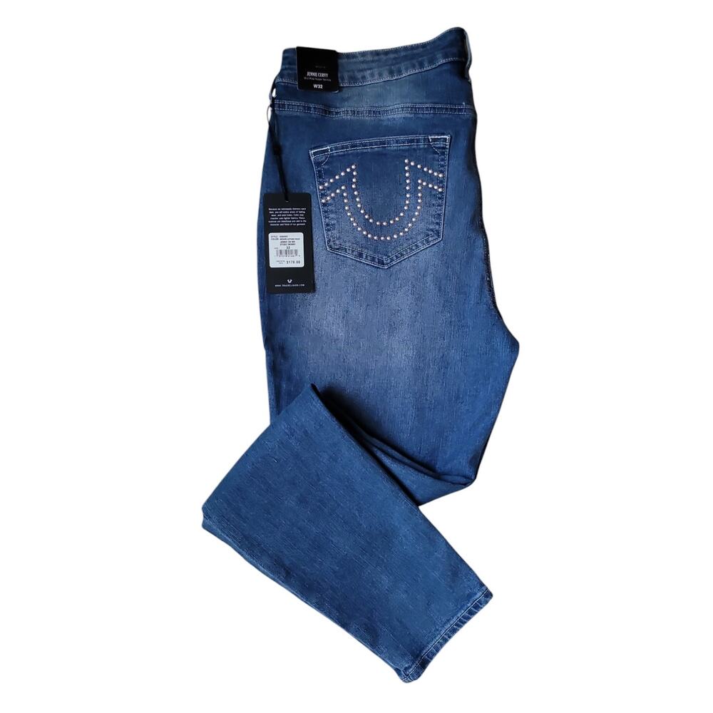 True Religion Jennie Curvy Blue Jeans Womens 32 Midrise Super Skinny Studded NWT